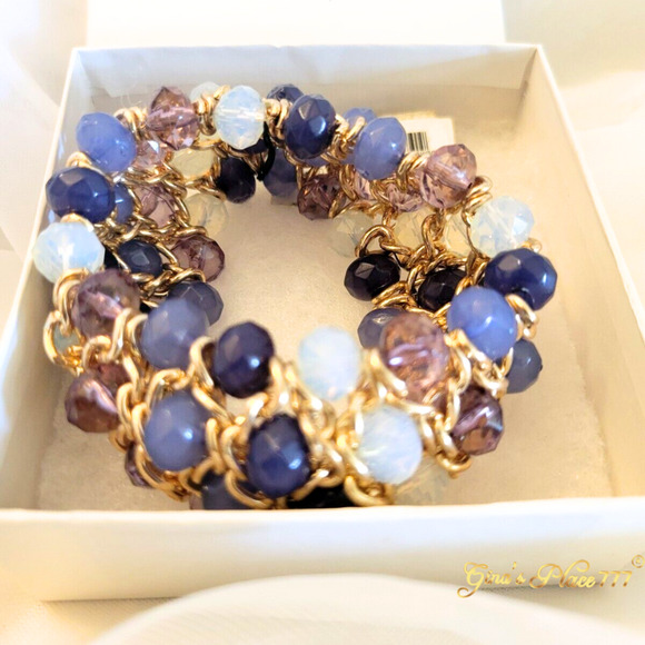Brand New I.N.C. Gold-Tone Chunky 4 Rows Mixed Blue Beads Stretch Bracelet - Picture 2 of 6